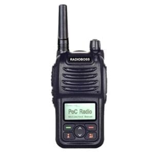 A black walkie talkie with the display showing pro radio.