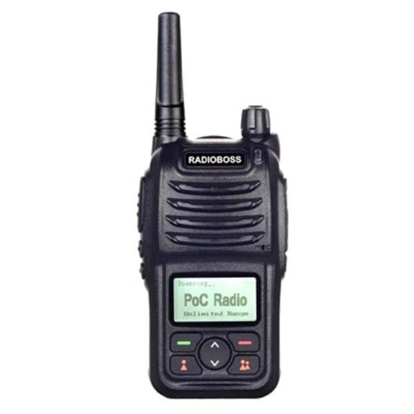 A black walkie talkie with the display showing pro radio.