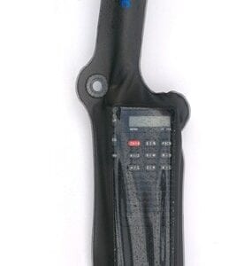 A black walkie talkie case is shown with the phone in it.