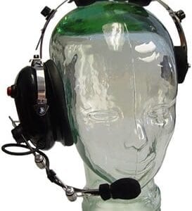 A glass head with headphones on it