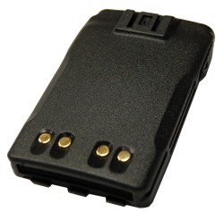 A black battery with three gold pins on it.