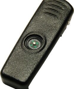 A black remote control with a green button.