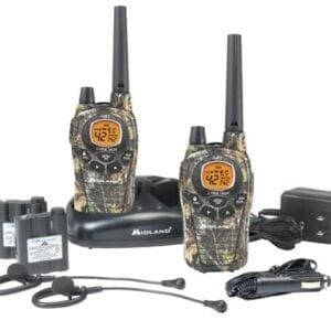 A pair of walkie talkies with batteries and charger.