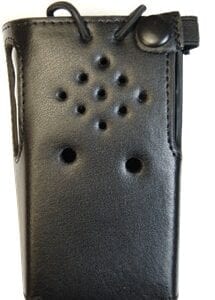 A black leather case for a walkie talkie