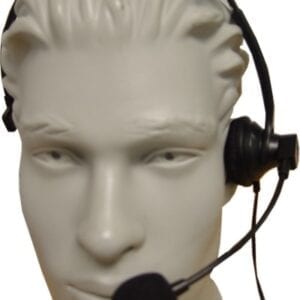 A mannequin head wearing a headset with microphone.