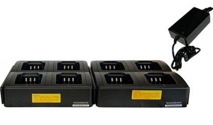 A group of four batteries and one charger.