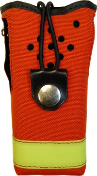 A red case with black leather and a metal button.