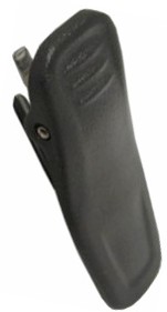 A black plastic holster with a button on it.