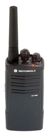 A motorola walkie talkie is shown with the antenna on.