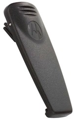 A motorola walkie talkie is shown with the ear piece removed.