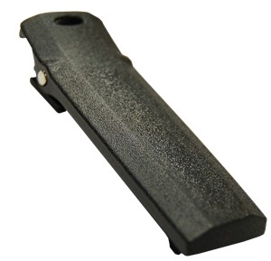 A black plastic handle with a metal clip.