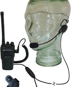 A glass head with two microphones and one headset.