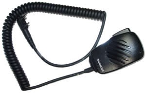 A black microphone is on a cord.