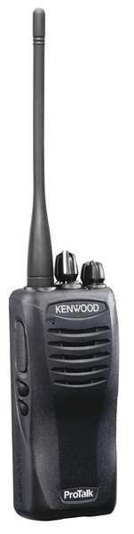 A kenwood walkie talkie is shown with the antenna on.