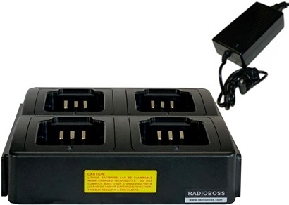 A radio boss charger is shown with four batteries.