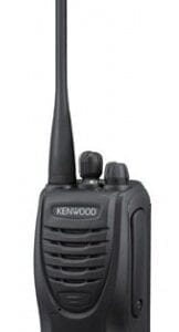 A kenwood walkie talkie is shown with the antenna raised.