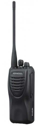 A kenwood walkie talkie is shown with the antenna raised.