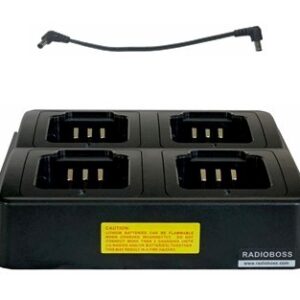 A black four bay charger with a cable attached.