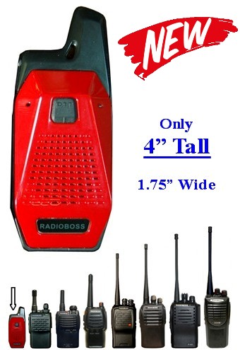 A red and black walkie talkie is on display.