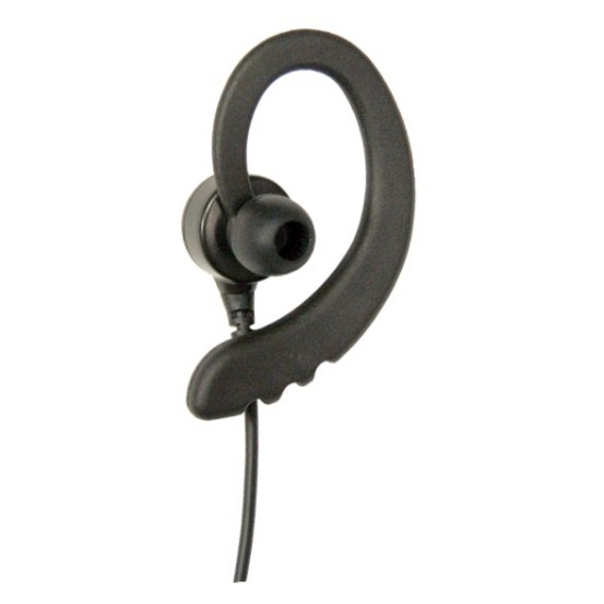 A black ear bud with a cord attached to it.