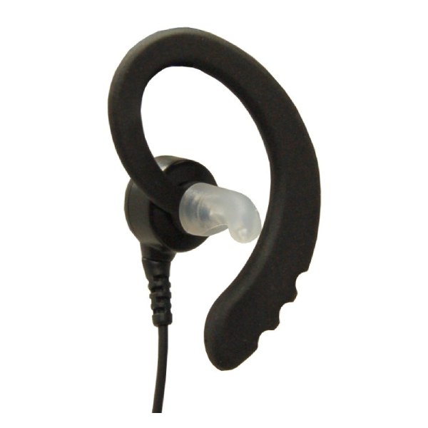 A black ear bud with a white cord.