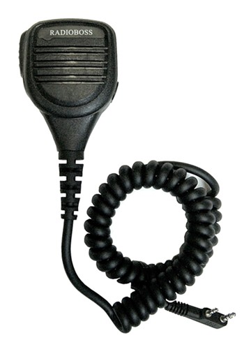 A black microphone with a coil cord.