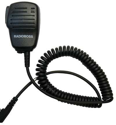 A black radio microphone with a coiled cord.