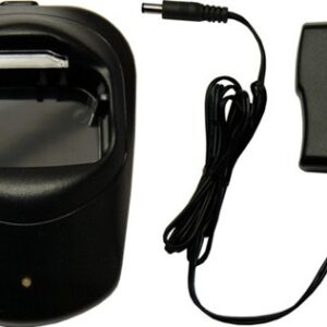 A black charger and power cord are next to each other.