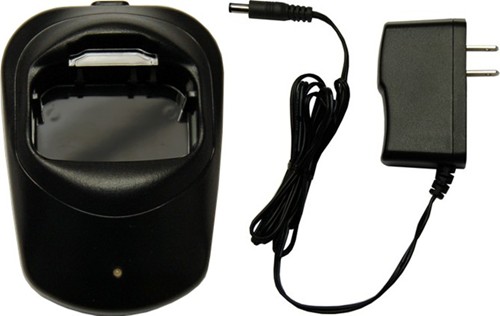 A black charger and power cord are next to each other.