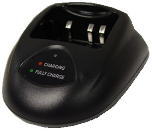 A black charger with two batteries and the words charging fully charge.