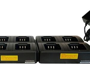 A group of four batteries and one charger.