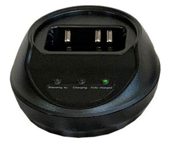 A black charger with two batteries on top of it.